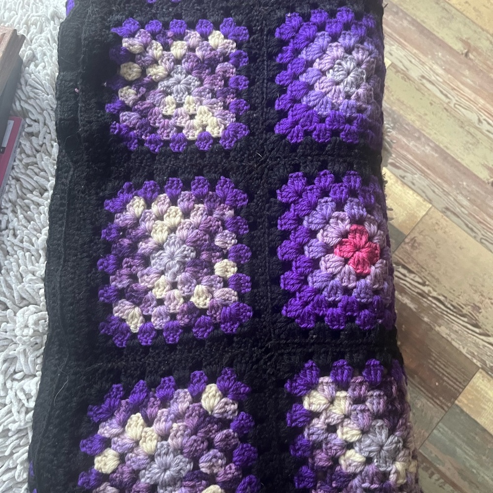 Vintage Handmade Crochet Afghan with Purple and Black Granny Squares 70’s